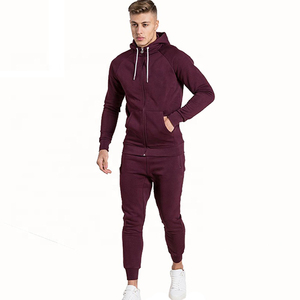 Men's Maroon Hooded <b>Tracksuit</b> Full Zip Solid Color Casual Jogger Set With Side Pockets Breathable Polyester Autumn Wear - Product Image 1