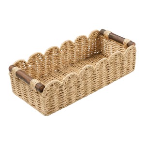 ISLA Handwoven Paper Rope Scalloped Tank Basket with Wooden Handles Wicker Organizer <b>Bin</b> for Bathroom Bedroom Kitchen Wholesale - Product Image 5