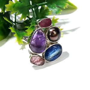 Bague Statement en Argent Sterling 925 avec Kyanite Bleue Naturelle, Améthyste, Tourmaline Rose et Pierres Précieuses Multiples, Bijou Fait Main Style Bohème - Product Image 5