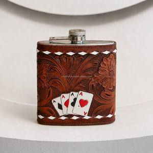 Wholesale 2026 Hand <b>Tooled</b> <b>Leather</b> Stainless Steel 7oz Hip Flask Personalized Floral Pattern Designer Card Carved Hip Flask - Product Image 4