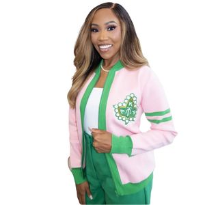 Chaqueta Bomber Tejida AKA Pink Pretty Girl para Mujer, Cárdigan con Letras Griegas, Prenda Casual de Punto Premium y Elegante - Product Image 1