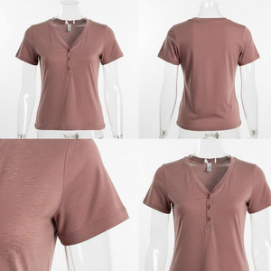 Chemisiers à manches courtes boutonnés pour femmes, col en V, couleur unie, coupe ample décontractée, t-shirt confortable en tissu de coton. - Product Image 6