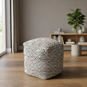 Black and White Woven Cube Pouf Ottoman Soft Cushioned Footrest Modern Floor <b>Stool</b> for Living Room Bedroom Home Decor - Product Image 1