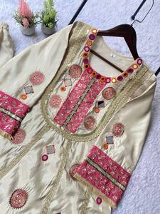 Designer Cos Moss <b>Kurti</b> Palazzo Set with Real Mirror & Sequence Embroidery Work | Stylish Festive Ethnic Wear for Women - Product Image 5