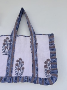 Bolsa de Mano de Algodón con Diseño Floral Estampado a Mano, Borde con Volantes y Asas Largas, para Compras, Viajes y Playa, para Mujer - Product Image 4