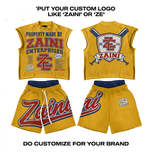 Ensemble court sans manches en jersey de coton premium 240 GSM, jaune moutarde avec bordure marine, logo personnalisé imprimé, streetwear d'été - Product Image 1
