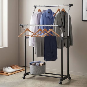 Porte-manteau moderne en acier à double barre avec étagère de rangement et roulettes pour chambre et salon - Product Image 2