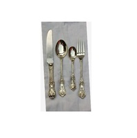 Ensemble de couverts vintage en acier inoxydable avec poignée en laiton, écologique, compatible lave-vaisselle, bord droit, 4 pièces, luxe (cuillère, fourchette, couteau)