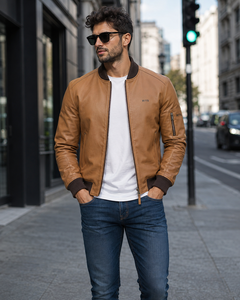 Blouson aviateur en cuir véritable pour homme RITS, marron, col rabattu, fermeture éclair, vêtement décontracté pour l'automne, prix avantageux, best-seller - Product Image 1
