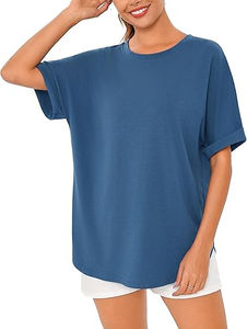 เสื้อยืดคอกลมแขนสั้นสีน้ำเงินสำหรับผู้หญิง พิมพ์ลายโลโก้ตามสั่ง ตกแต่งสวยงาม แฟชั่นฤดูร้อน สไตล์ลำลอง ผ้าแคนวาสสีพื้น - Product Image 2