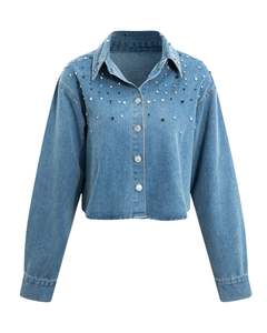 Chaqueta Vaquera Corta Azul Personalizada para Mujer con Botones Frontales y Pedrería, Manga Larga, Estilo Casual Urbano - Product Image 1