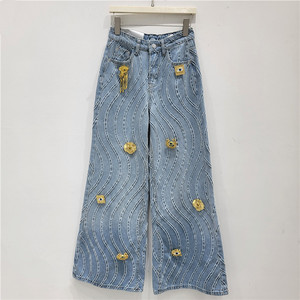Pantalones Vaqueros de Cintura Alta y Pierna Ancha con Apliques Bordados y Decoración de Ojo Dorado, 100% Algodón para Mujer, Estilo Casual de Verano - Product Image 3