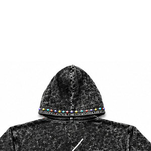 Conjunto Deportivo para Hombre, Negro, Lavado Ácido, con Capucha, Manga Larga, 100% Algodón, Sudadera con Pedrería, 450 Gsm, Estilo Urbano Informal - Product Image 4