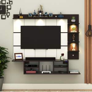 Meuble TV mural en bois d'ingénierie avec panneau arrière en PVC rayé et éclairage LED intégré |   Meuble TV avec boîte de rangement ouverte (Wengé/Blanc) - Product Image 1