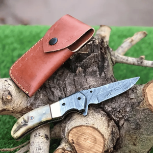 Cuchillo Plegable de Acero de Damasco Hecho a Mano con Mango de Cuerno de Ciervo, Cuchillo de Bolsillo Personalizado OEM para Camping, Funda de Cuero, Regalo para Compañero, Pasha - Product Image 6