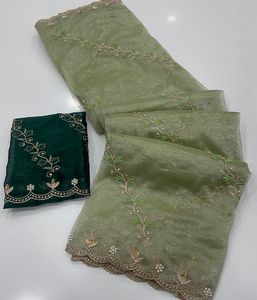 Sari en organza sergé pur et doux, brodé à la main, avec chemisier en satin épais, pour femme, idéal pour les fêtes et mariages, tenue ethnique traditionnelle de créateur moderne - Product Image 2