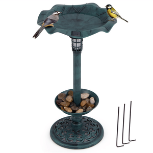 Combinazione di abbeveratoio e mangiatoia per uccelli in bronzo su piedistallo con lampada a energia solare per decorazione da giardino esterno - Product Image 1
