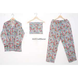 Ensemble de pyjama décontracté de luxe pour femmes, 100% coton, manches longues, imprimé floral numérique, taille élastique, col rabattu, pour le printemps et l'été - Product Image 1