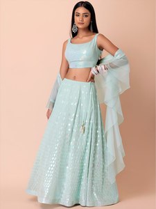 Rivaayat House Lehenga Choli de terciopelo verde menta con bordado de lentejuelas y soporte alto para mujer, ropa étnica tradicional india para bodas y fiestas - Product Image 1