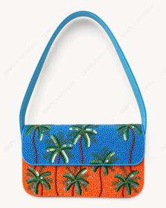 Bolso de Hombro Artesanal con Cuentas de Palmera, Diseño Tropical de Atardecer en la Playa, Azul y Naranja, Bolso de Mano para Resort, Venta al por Mayor, OEM, Marca Privada - Product Image 2