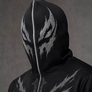 Sudadera con capucha personalizada para hombre con pedrería, corte y confección, lavado ácido, oversize, tipo pullover, con apliques y patchwork, corte holgado, estilo desgastado - Product Image 3
