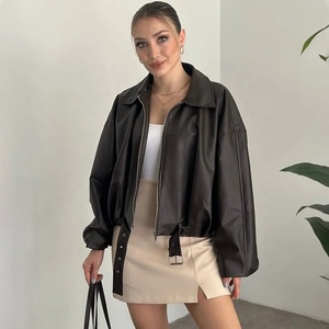 Blouson Bomber Femme Noir en Similicuir PU, Manches Longues, Col Montant, Fermeture Éclair, Coupe Courte, Couleur Unie, Vêtement d'Extérieur Automne 2026 - Product Image 1