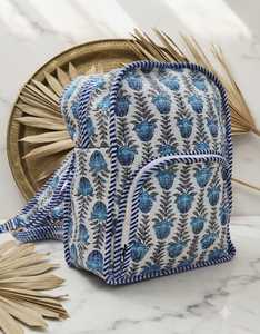 Handcrafted Blue Block Print Quilted Cotton <b>Backpack</b> Indian Hand Block Printed Travel Rucksack Daypack Front Zipper Beach - Product Image 2