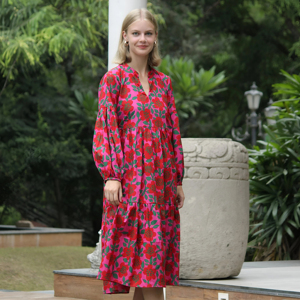 Vestido Vintage de Algodón 100% Ecológico para Mujer, Estampado Floral a Mano, Cuello Barco, Dobladillo Burbuja, Manga Corta, Largo hasta la Rodilla, Venta al por Mayor - Product Image 1