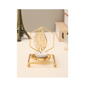 Gold Ginkgo Leaf <b>Tea</b> Light <b>Candle</b> Holder Modern Circular Metal Votive Stand with Square Base for Home Decor Table Centerpiece - Product Image 3