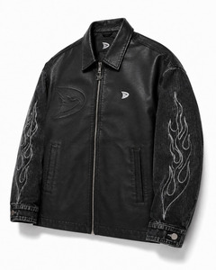 Men's Black PU Leather <b>Biker</b> <b>Jacket</b> With Embossed Flame Design And Zipper Closure - Product Image 3