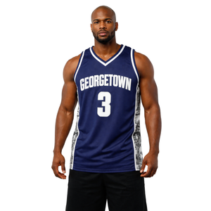 Maillot de basketball style universitaire pour homme, bleu marine et gris, avec empiècements latéraux, personnalisable avec nom et numéro, sublimé, sans manches, pour équipe de basketball - Product Image 1