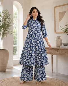 Ensemble Kurta Plazo pour femmes, bleu, en coton, imprimé floral, coupe trapèze, manches trois quarts, col rond, tenue traditionnelle ethnique décontractée, deux pièces - Product Image 6