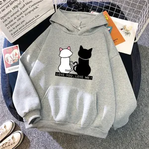 Sudadera con Capucha Blanca Unisex, Estampado de Gatos de Dibujos Animados 'Love You Love Me', Estilo Holgado Informal para Otoño, 100% Algodón Tejido - Product Image 2