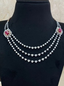 14K Rose White Gold Lab Grown <b>Ruby</b> Multi Strand <b>Necklace</b> | IGI Certified Rhodium Plated Luxury 3-Layer Red <b>Ruby</b> Halo Wedding - Product Image 1