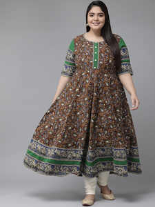 Kurti Anarkali en coton multicolores à col rond et manches courtes pour femmes grandes tailles, vêtements décontractés élégants - Product Image 4