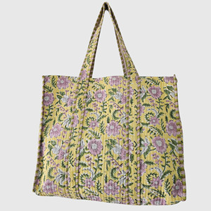 Sac fourre-tout en coton à imprimé floral, jaune, rose, vert, style bohème, ouvert, sac de shopping pour femmes, toutes saisons - Product Image 1
