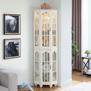 Solid Wood Corner Curio Cabinet 4 Adjustable Tempered Glass Shelves Lighting System <b>Acrylic</b> <b>Mirrored</b> Back Display China Cabinets - Product Image 1