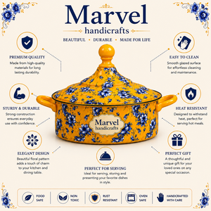 Casserole en émail jaune et bleu à motifs floraux Marvel Handicrafts avec couvercle, pot de service haut de gamme, ustensile de cuisine résistant à la chaleur, cuisine, salle à manger - Product Image 5
