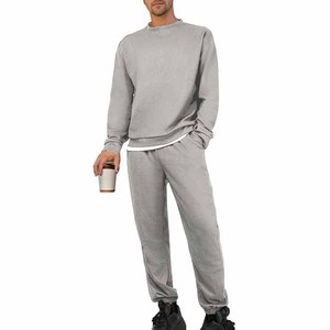 Survêtement en coton gris pour homme, sweat-shirt à col rond, pantalon de jogging, couleur unie, longueur intégrale, vêtements décontractés avec poches latérales, taille élastique - Product Image 1