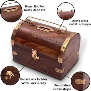 Handcrafted Sheesham Wood Treasure <b>Chest</b> Box Coin Slot Lock Clip Vintage Money Saving Box Rustic Jewelry Cash Coin <b>Storage</b> High - Product Image 2