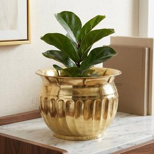 Pot de fleurs en métal finition cuivre avec design côtelé, pot décoratif pour plantes d'intérieur, maison, bureau, salon, table - Product Image 6