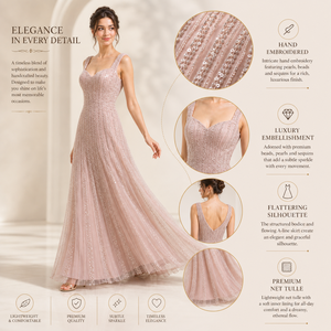 Elegante Vestido de Noche Rosa Pálido, Corte A, Sin Mangas, con Bordado y Tul |   Vestido Formal de Fiesta para Mujer, Marca Privada OEM, India - Product Image 6
