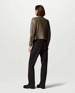 Veste Moto en Cuir Véritable pour Femme, Col Montant, Manches Longues, Fermeture Éclair, Couleur Unie, Mode Automne, Broderie - Product Image 3