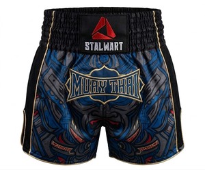 Shorts de boxe Muay Thai Stalwart bleu, noir et or, motif tribal, durables, écologiques, séchage rapide, polyester et coton, toutes saisons - Product Image 1