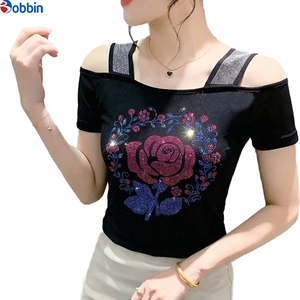 Custom Color Women Flower Rhinestone Off Shoulder Shiny <b>Sequined</b> Clothes Tee Tops Breathable Short Sleeve <b>Shirts</b> Party <b>T</b>-<b>shirt</b> - Product Image 5
