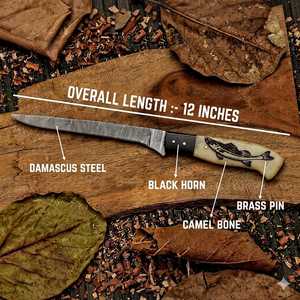 12 Inches Hand-Forged Damascus Steel Fillet Knife | Custom Camel Bone & <b>Black</b> Horn Handle Hunting Knife with Brass Pins - Product Image 1