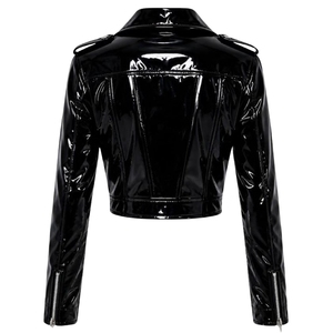 Veste moto courte en cuir verni noir pour femme |   Vêtements d'extérieur en vinyle PVC brillant pour motards, streetwear Y2K haute visibilité, finition vernie brillante - Product Image 4