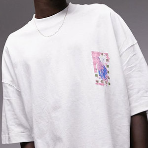 T-shirt en jersey de coton blanc surdimensionné pour homme, col rond, manches courtes, style décontracté avec motif imprimé sur le devant, coupe respirante - Product Image 3
