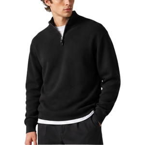 Pull en maille pour homme, noir uni, col montant zippé, manches longues, décontracté, hiver, doux, 100% coton, coupe premium - Product Image 3
