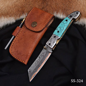 Couteau de poche pliant en acier Damas cuivré, gravé, avec poignée en pierre turquoise et contreforts en acier – Couteau EDC pour camping et chasse – Vente chaude - Product Image 1